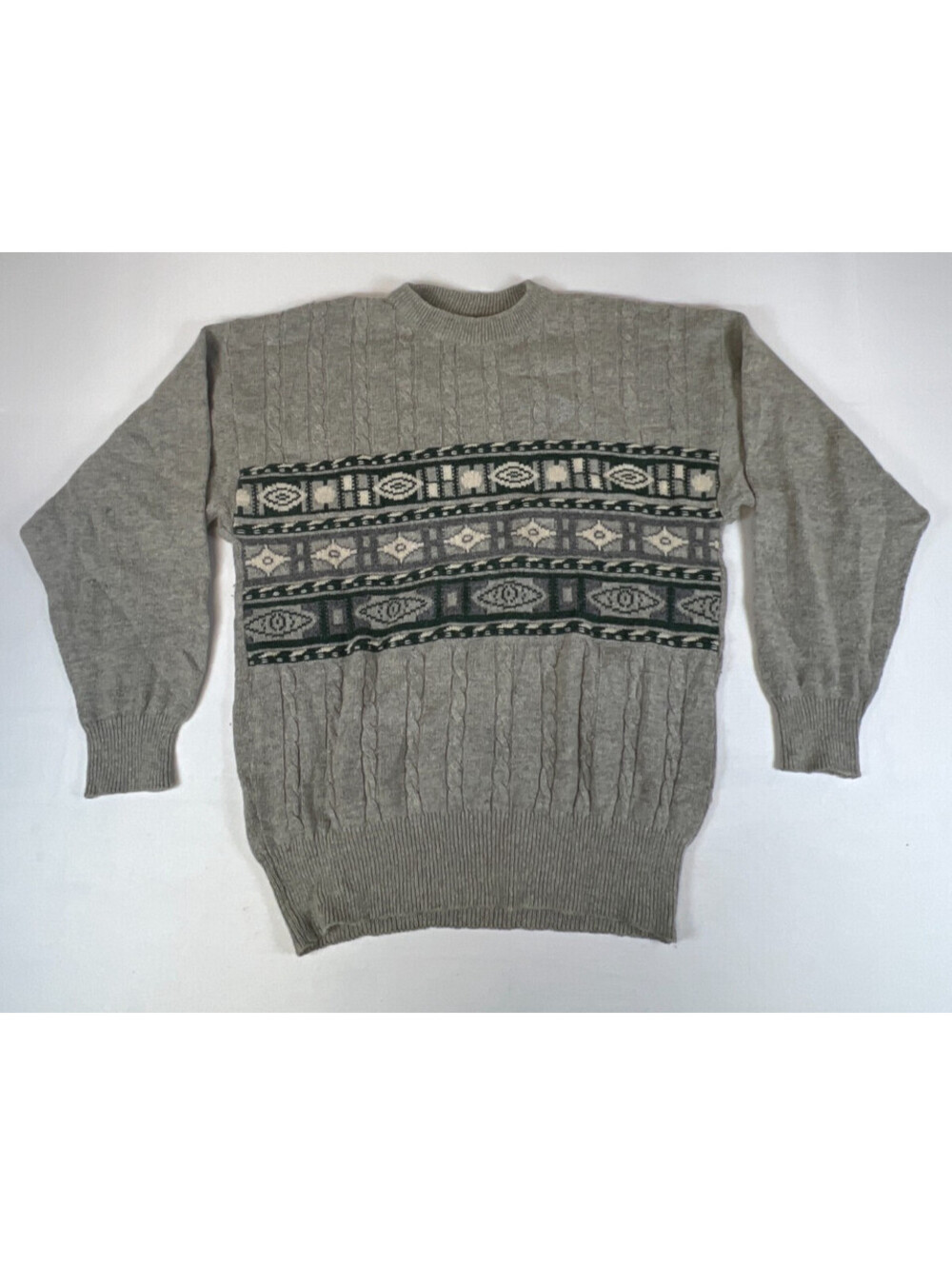 Vintage Shetland Men Gray Geometric Aztec Wool Crewneck Long Sleeve Sweater L